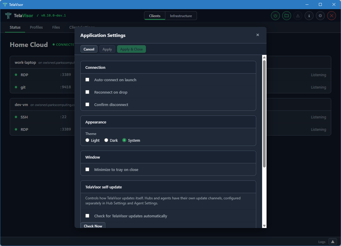 Application Settings, top
