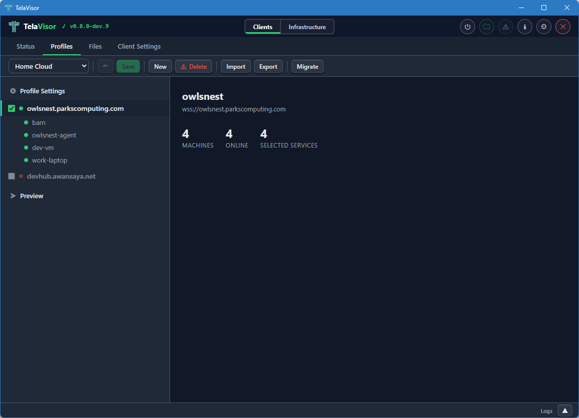 Profiles tab, hub view