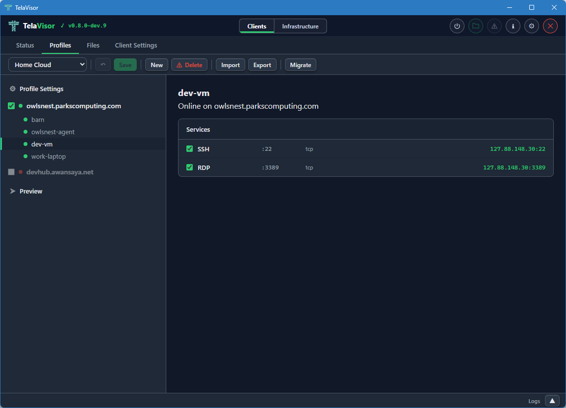 Profiles tab, machine services