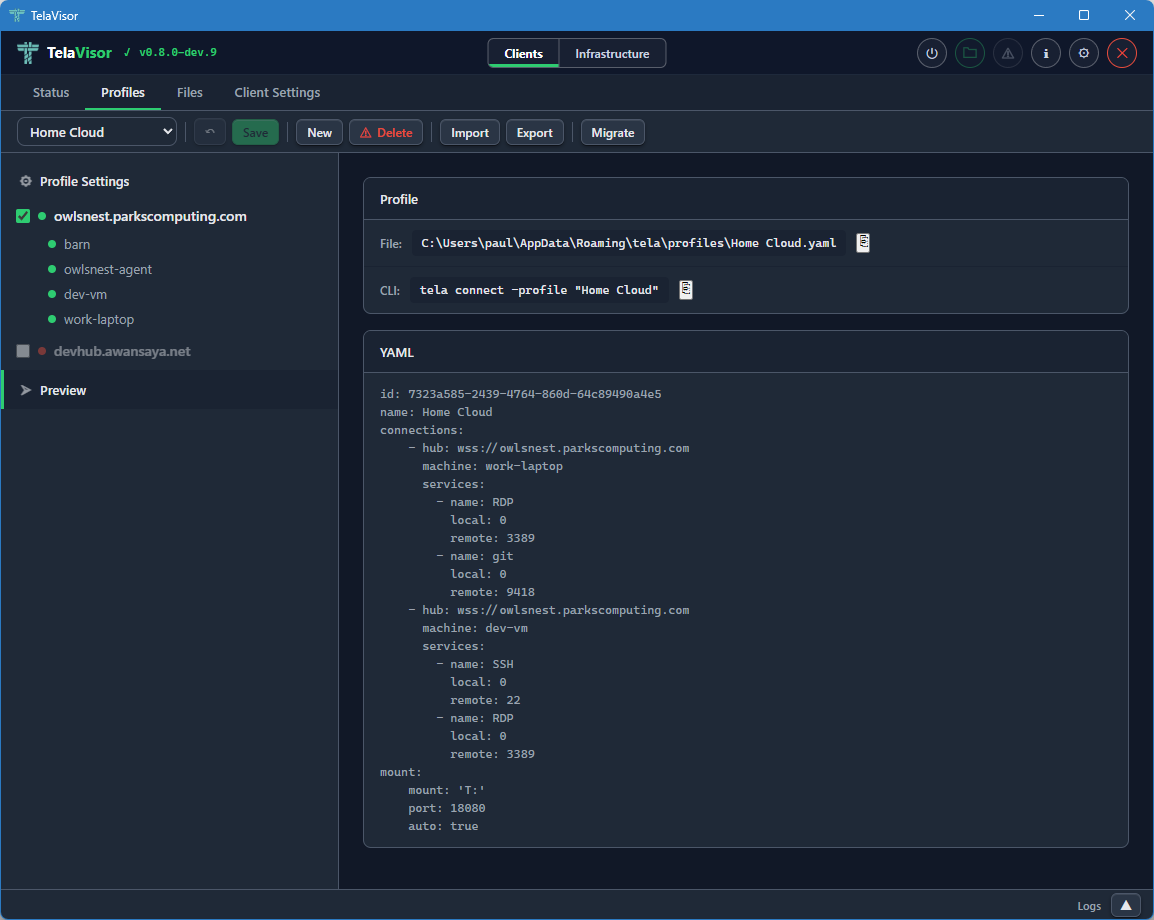 Profiles tab, YAML preview