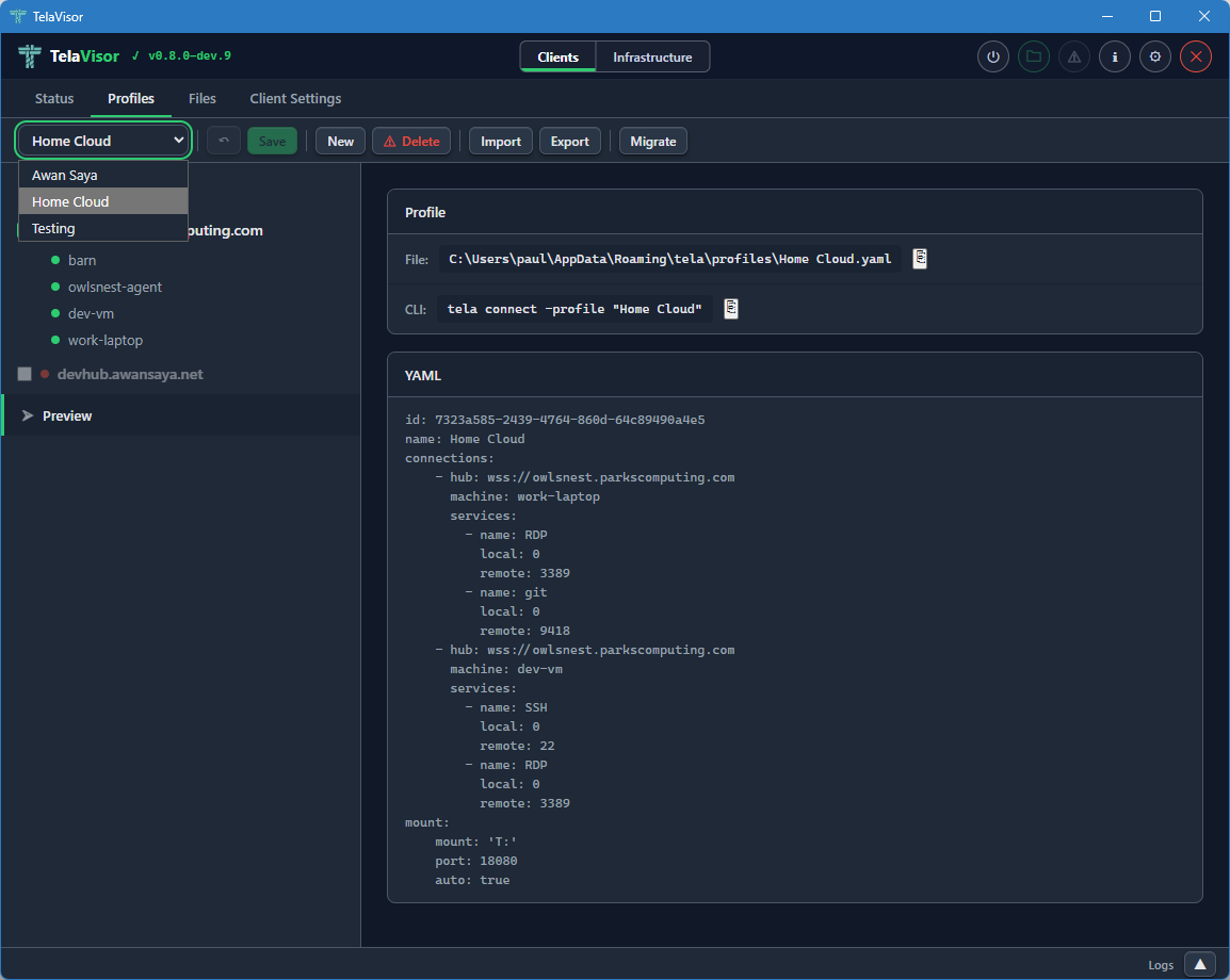 Profiles tab, profile switcher