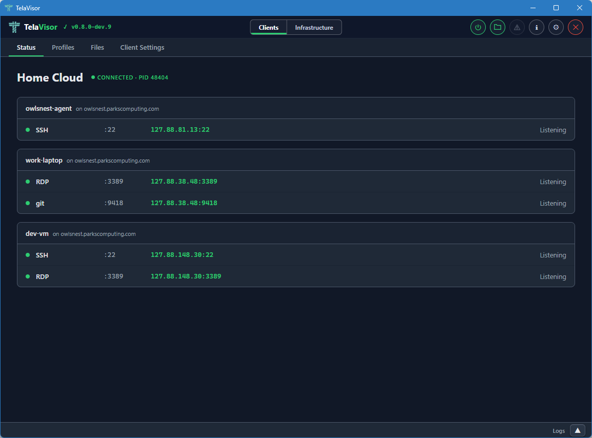 Status tab, connected