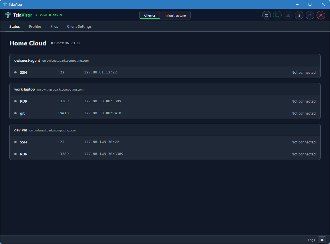 Status tab, disconnected