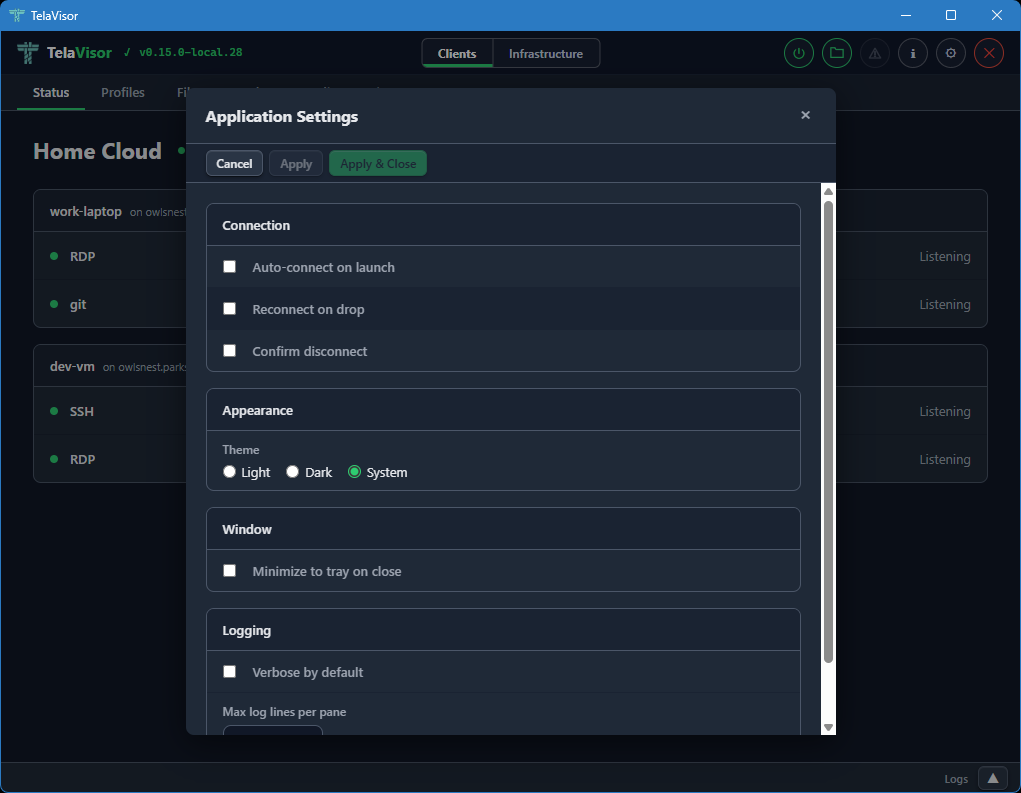 Application Settings, top
