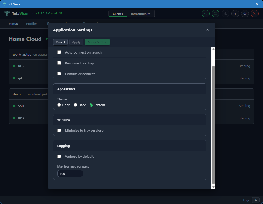 Application Settings, scrolled
