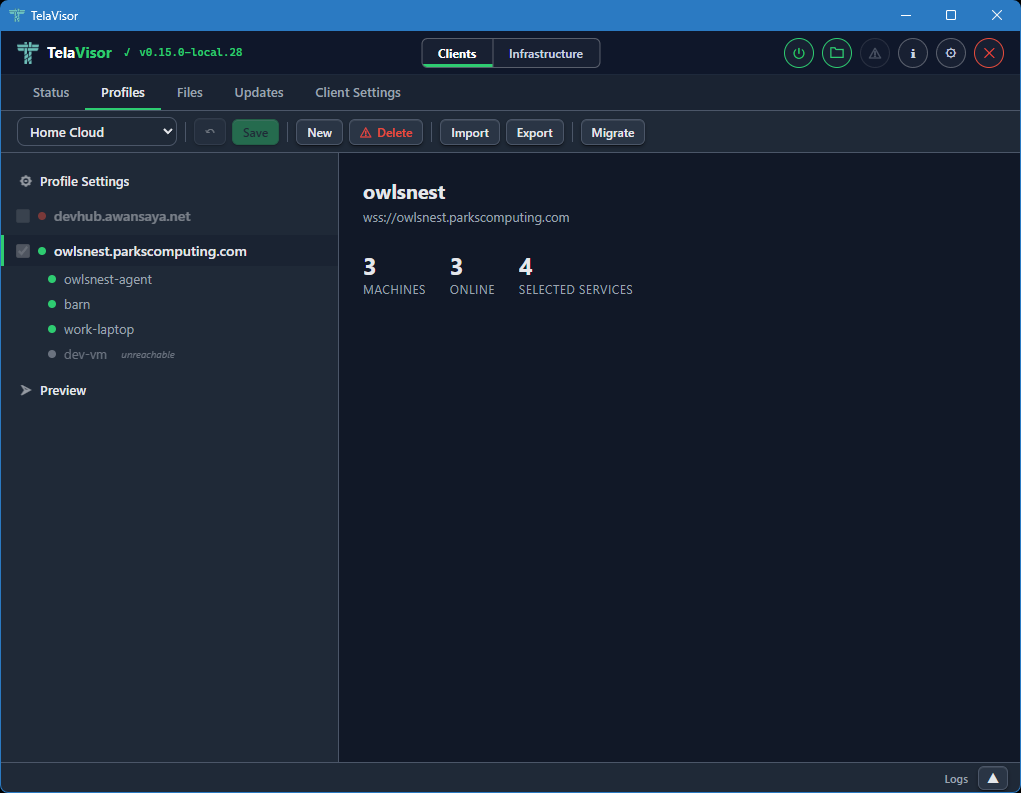 Profiles tab, hub view