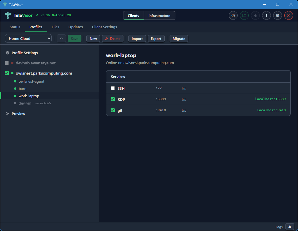 Profiles tab, machine services