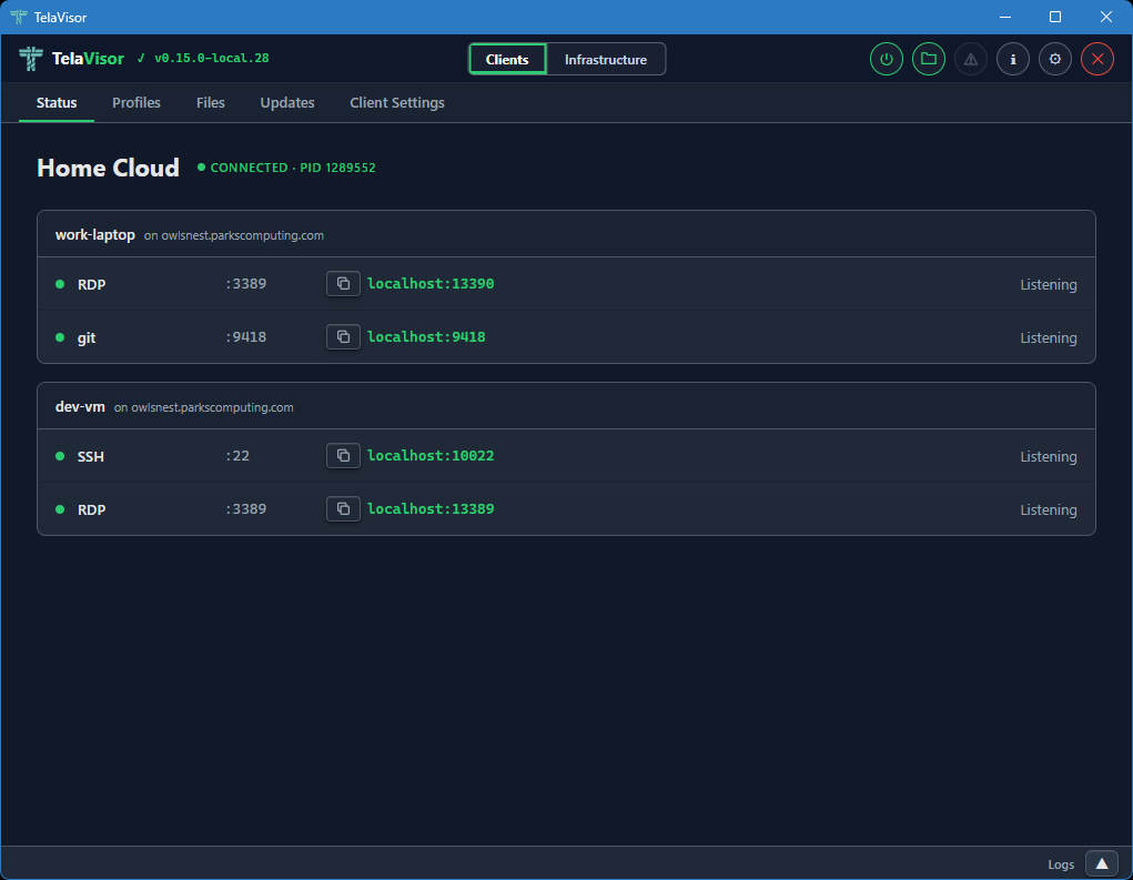 Status tab, connected