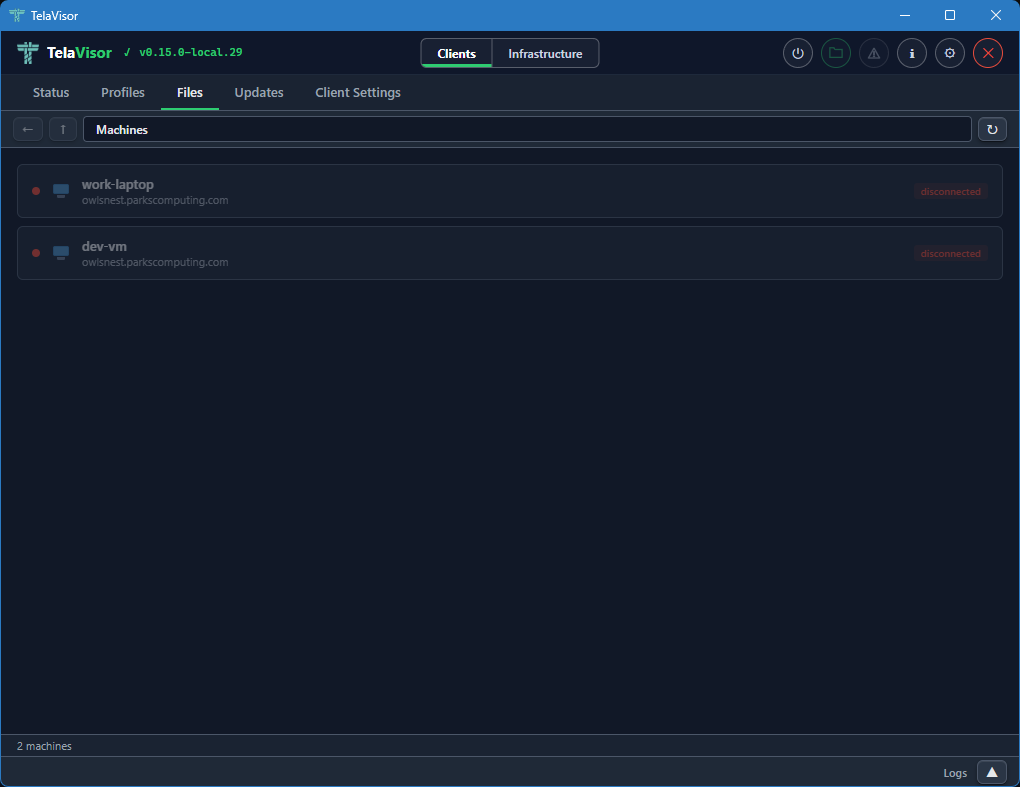 Files tab, machine list (disconnected)
