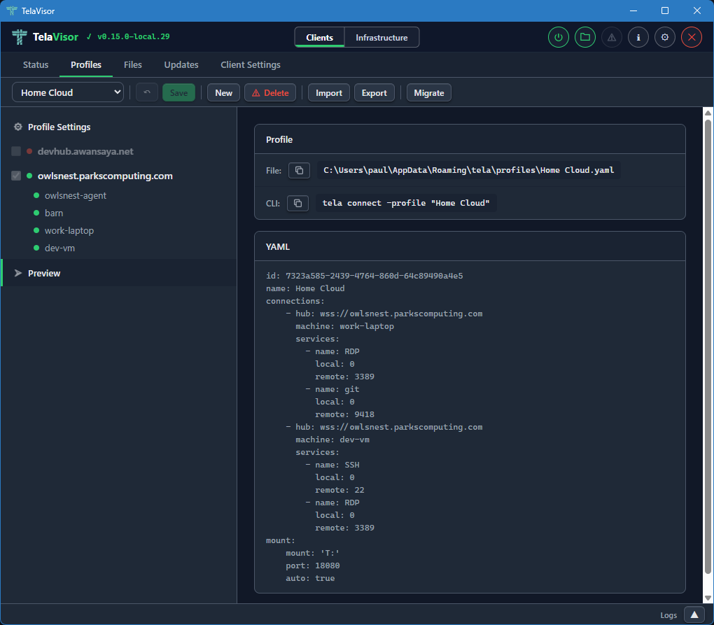 Profiles tab, YAML preview
