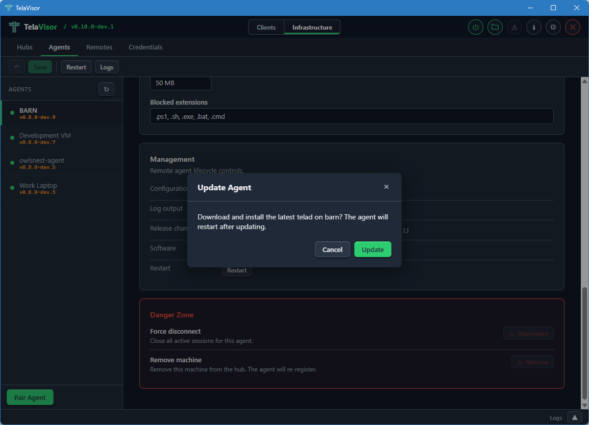 Update Agent confirmation dialog