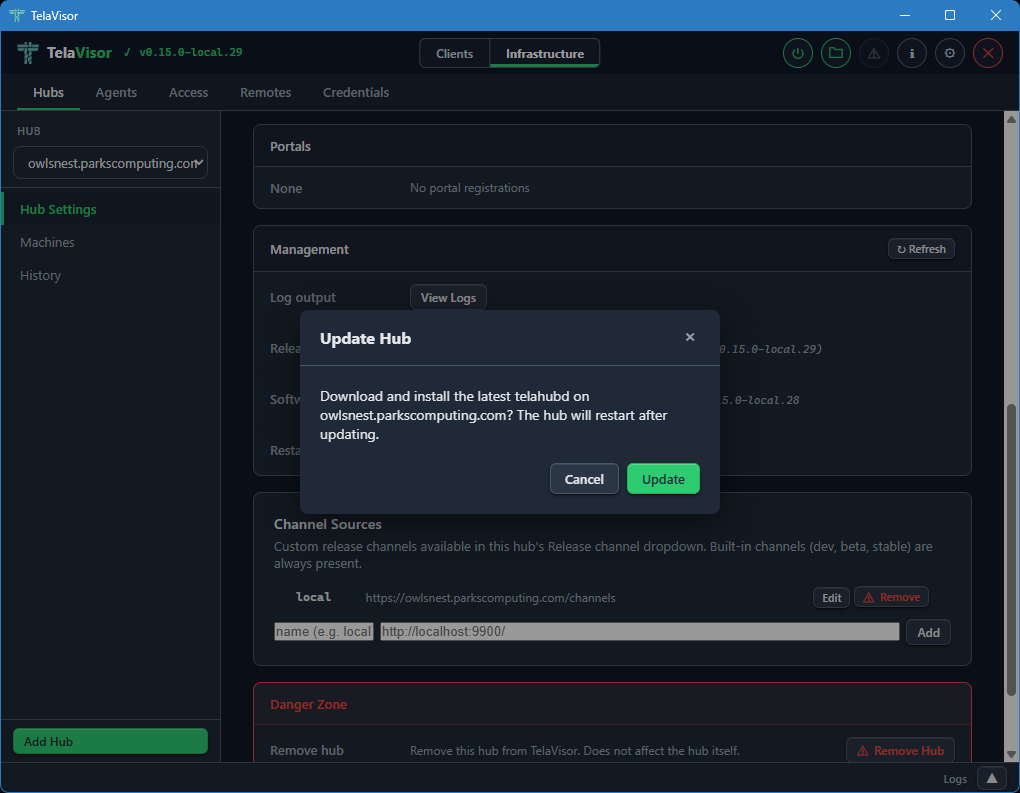 Update Hub confirmation dialog