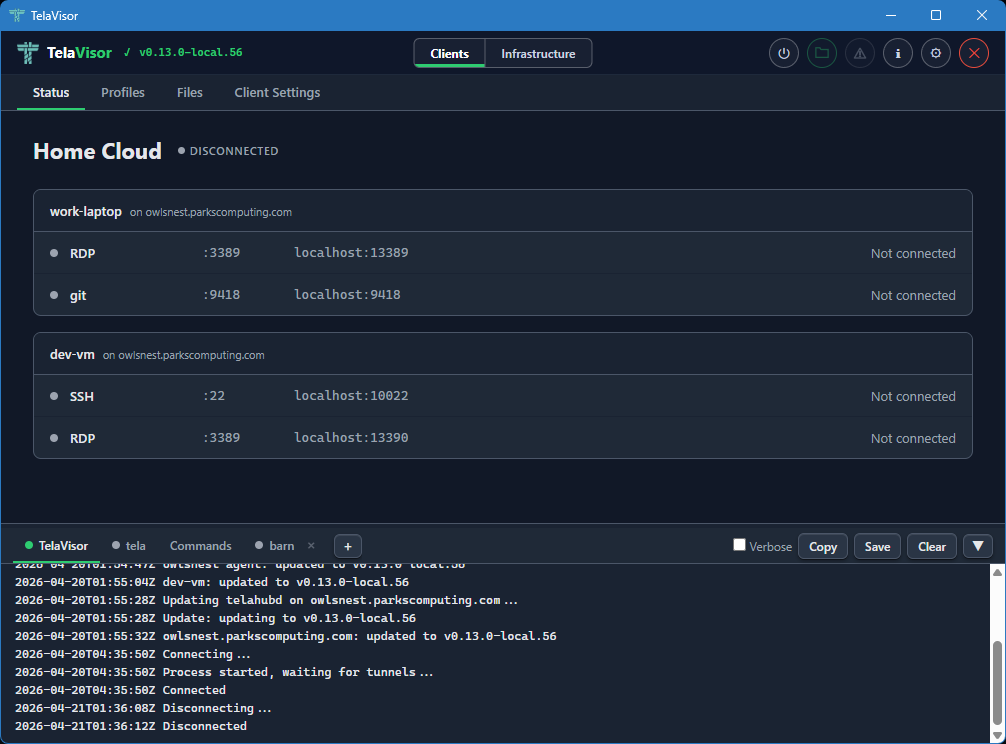 Status tab, disconnected