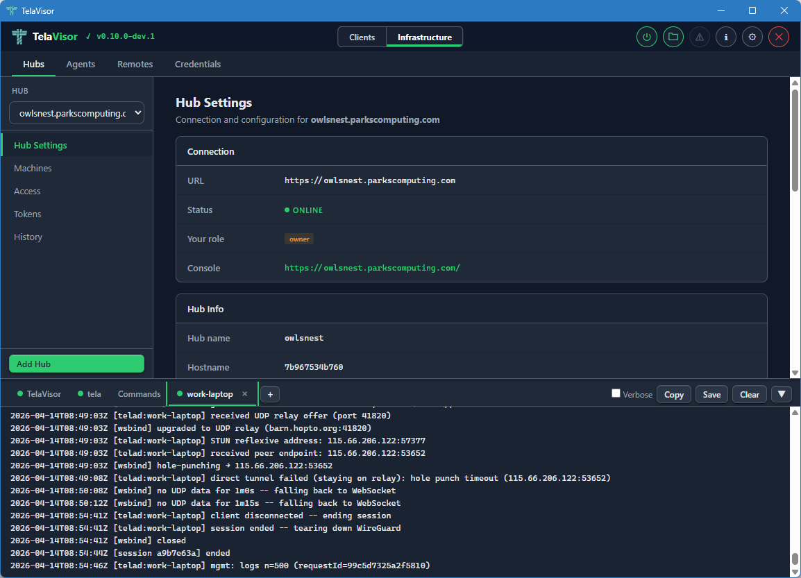 Log panel with tela output