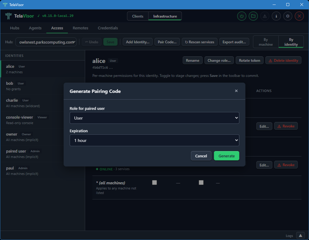 Generate Pairing Code dialog