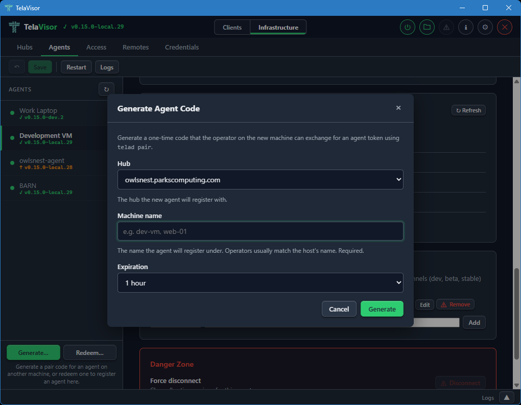 Generate Agent Code modal