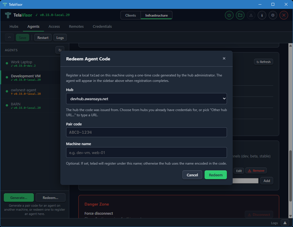 Redeem Agent Code modal