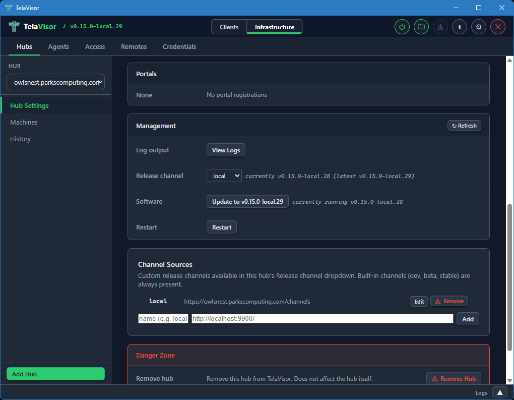 Hub Settings, scrolled to Management