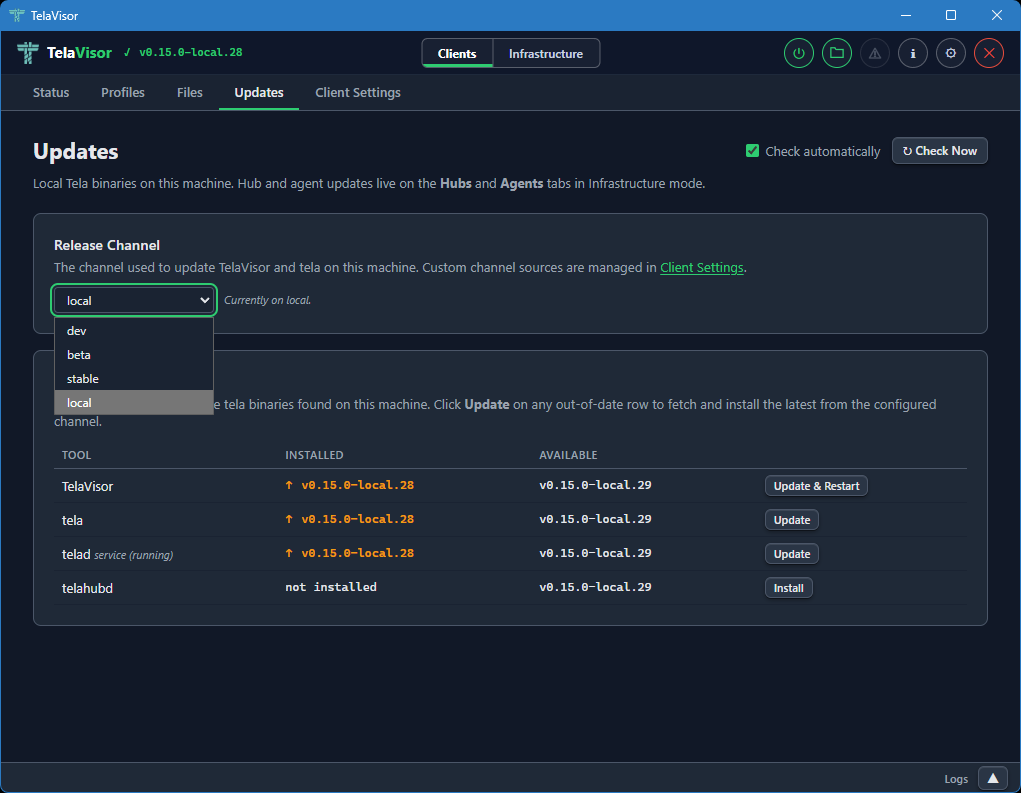 Release Channel dropdown open