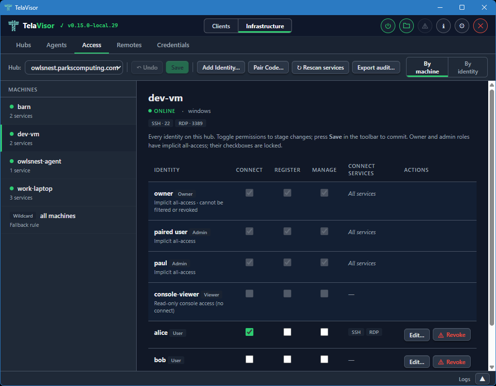 Access tab, By machine view