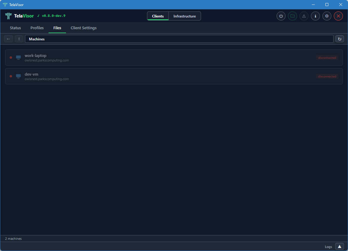 Files tab, machine list (disconnected)