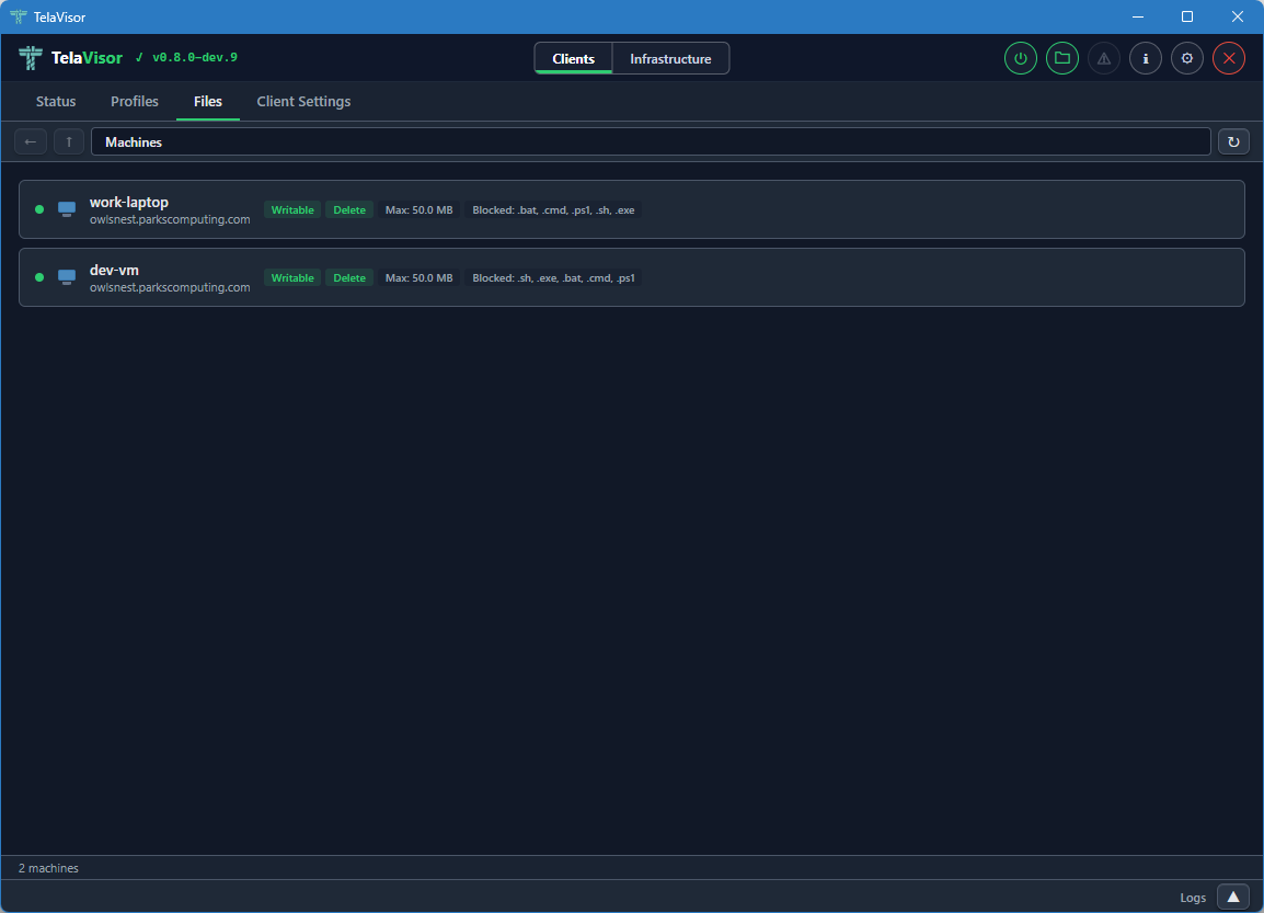 Files tab, machine list